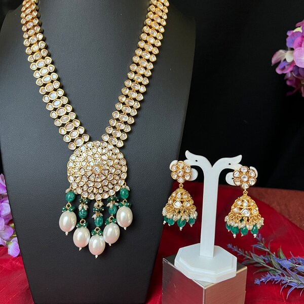 Kundan Haram Gold Finish/Green beads Big Pearl Drop/with Earring set/ Haram with Jhumka Earrings/ Indian Jewelry/Bridal Haram.