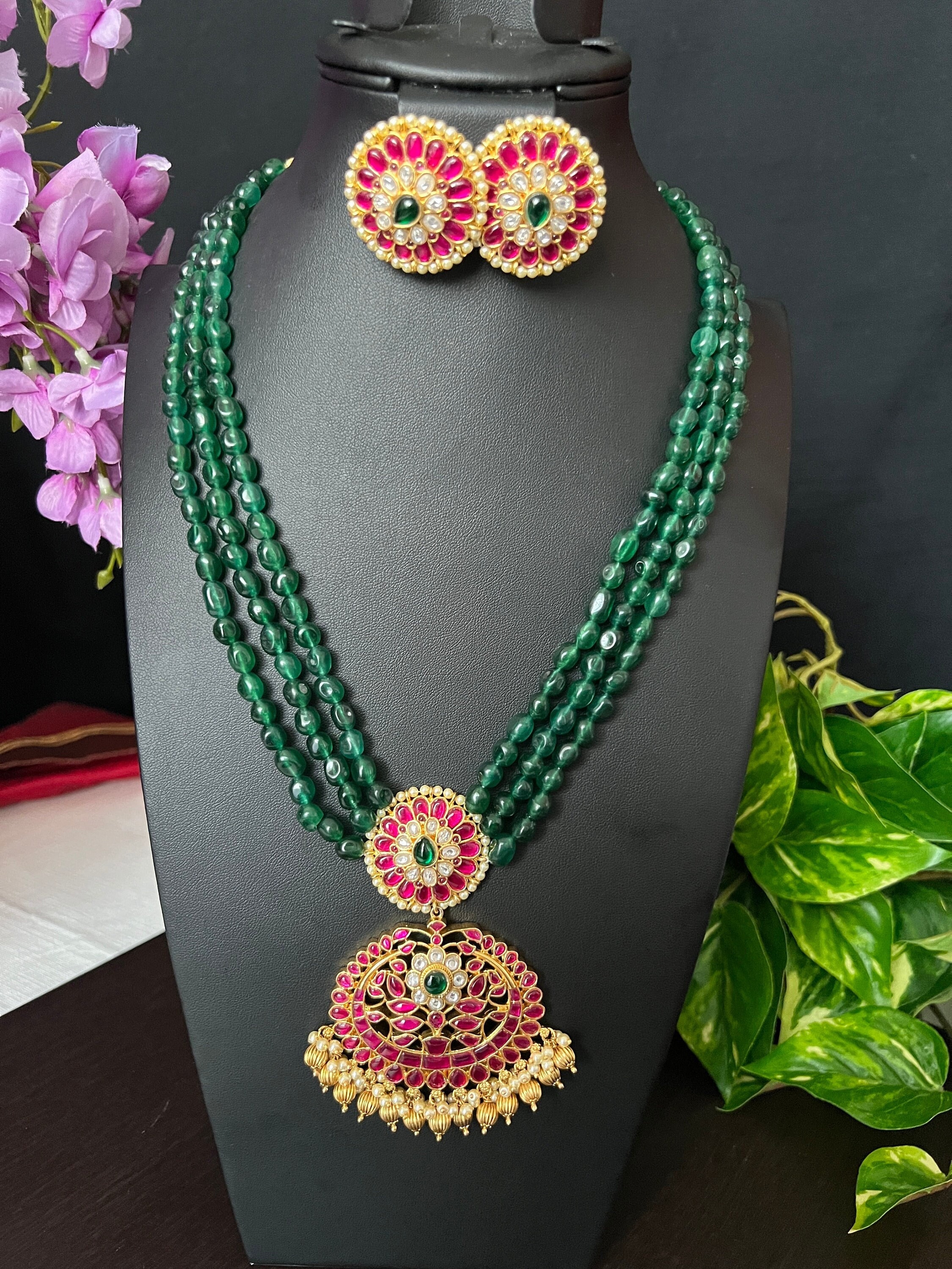 Ruby Emerald Beads Emerald Long Haram Kundan Jadau Haram
