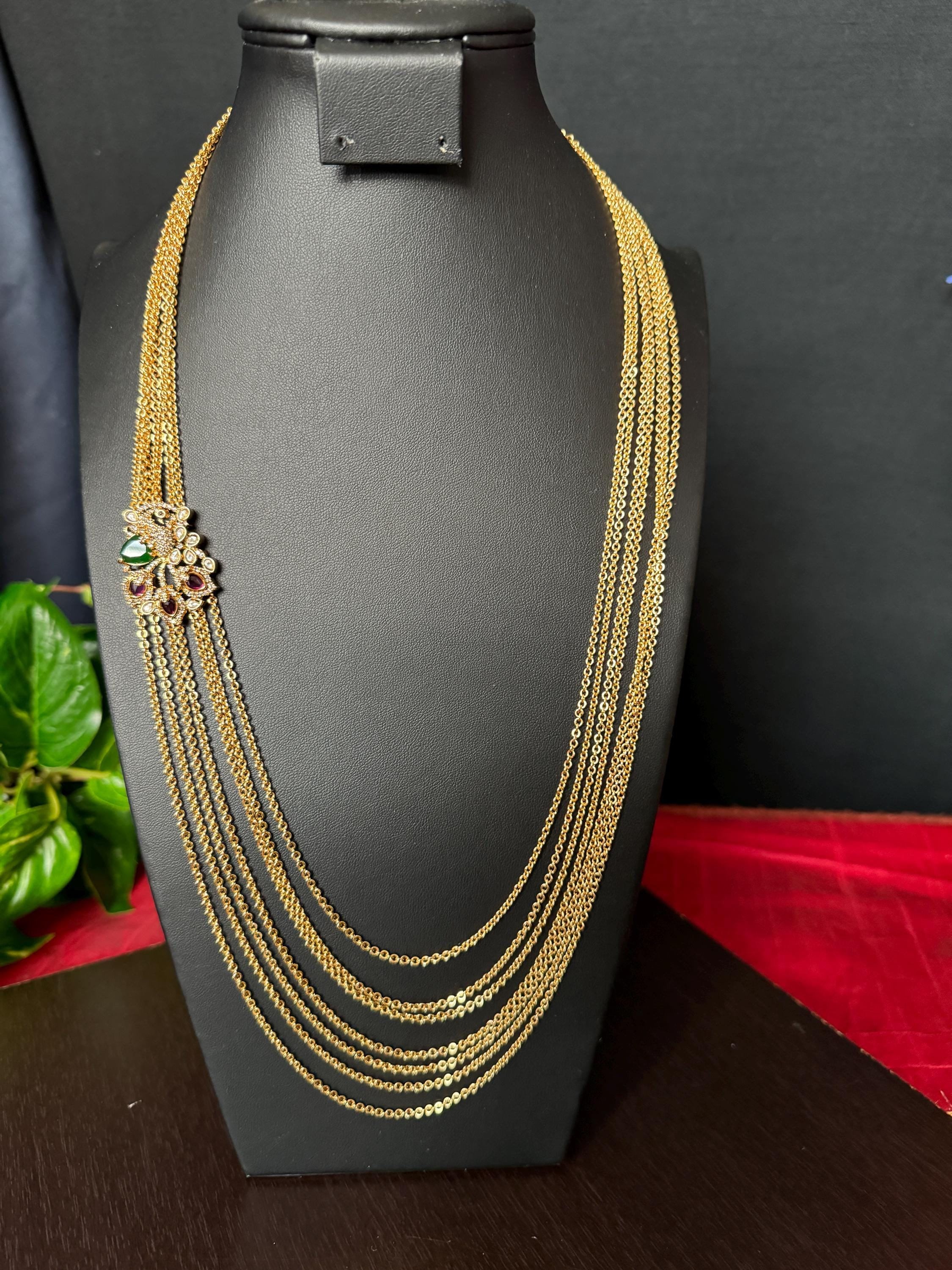 Peacock Side Pendant/ Green Ruby AD /chandra Haram/traditional