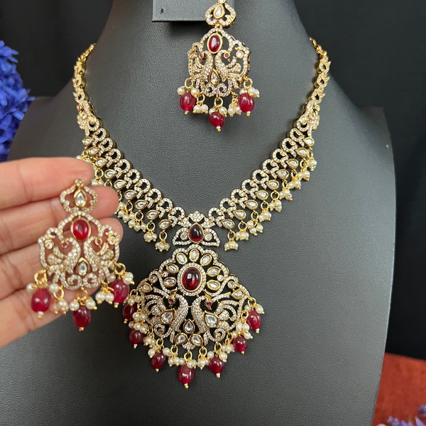 Maroon Kundan AD Peacock Small Necklace with Earrings/Light weight /Kemp Maroon Pearls Drop/Premium Quality/ Mehendi Finish/ Indian Jewelry.