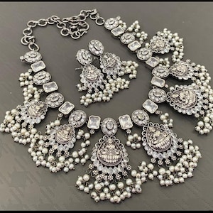 Oxidized German Silver Temple Jewelry Set: White Stone Indian Necklace Earrings