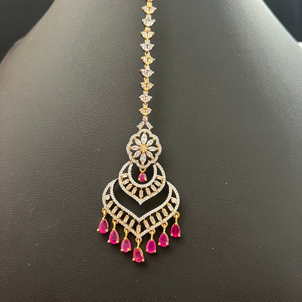 Mang Tikka/Forehead Jewelry Tikka/ Ruby AD Stones/ 5. 4 inch Long 1.inch Wide /Gold Finish/South Indian jewelry /Chutti/Papitta Billa
