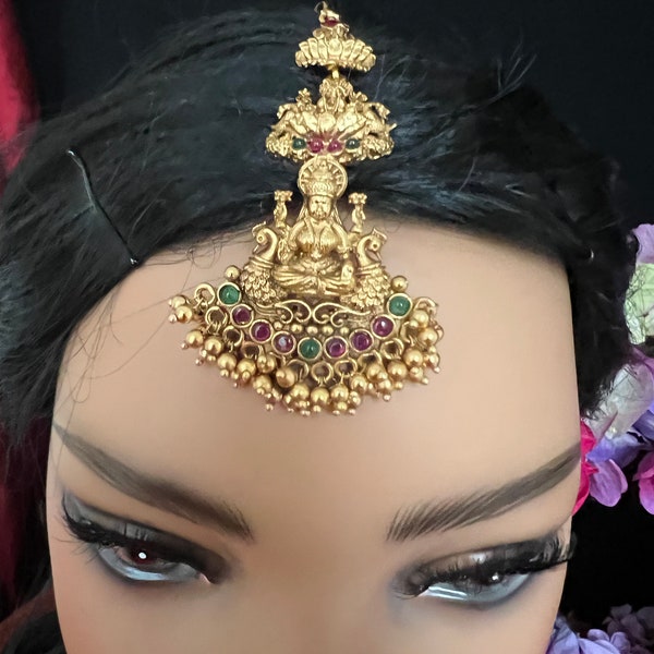Maang Tikka  Kemp Matti Antique Gold finish/Mangtikka/ Small Goddess Lakshxm/ South Indian jewelry/4.5 inch Long /Indian Jewelry