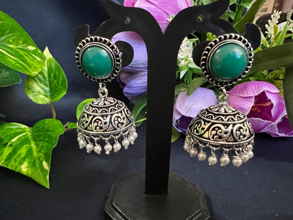 Oxidised Silver Black Polish Traditional Afghani Leaf Earrings With Pearl /stud  Earrings / German Silver / Lightweight / Indian Jewelry - Etsy