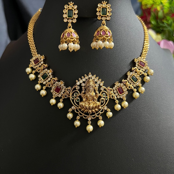 Choker Necklace/ Goddess Lakshmi Ruby Pink CZ Stones  Gold Finish /Simple Cute Light weight/Set Matching Earrings /Indian Jewelry