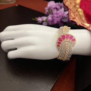 Ruby Pink AD Stone Kada Bangle: Gold Finish Indian Jewelry