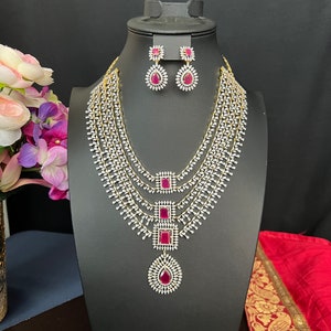 Ruby Pink Doublet AD Stone/ Designer 5 Line Haram 26.0 Inches Long /Gold Finish/with Earring Set/ Bridal Haram set/Indian Jewelry