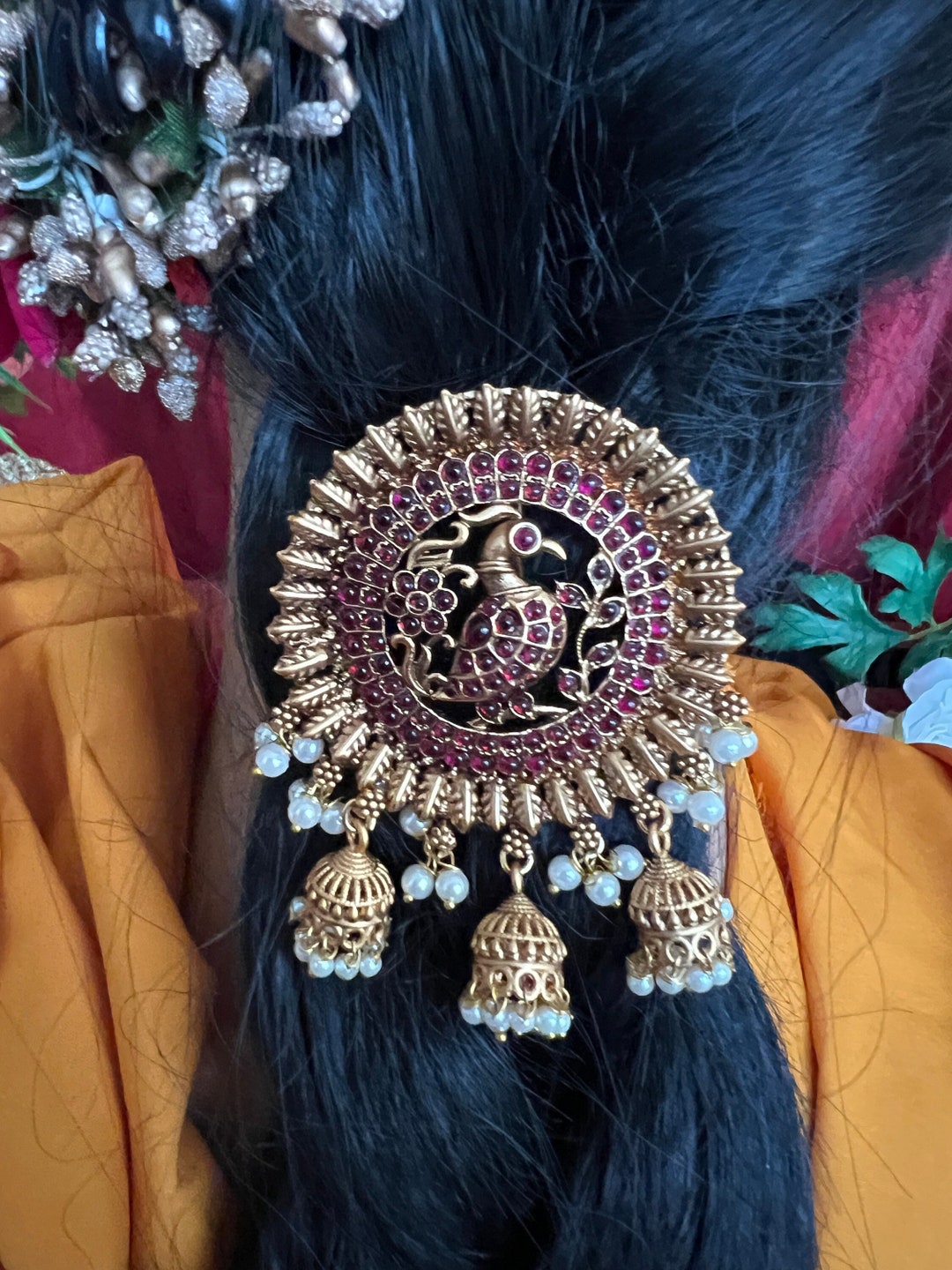 Hair Hanging 3 Jhumka Hair Clip/ Peacock Pearl Drop /kemp Ruby Etsy