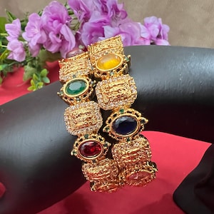 Navarathan Stone Bangles: Antique Gold South Indian Jewelry (Set of 2)