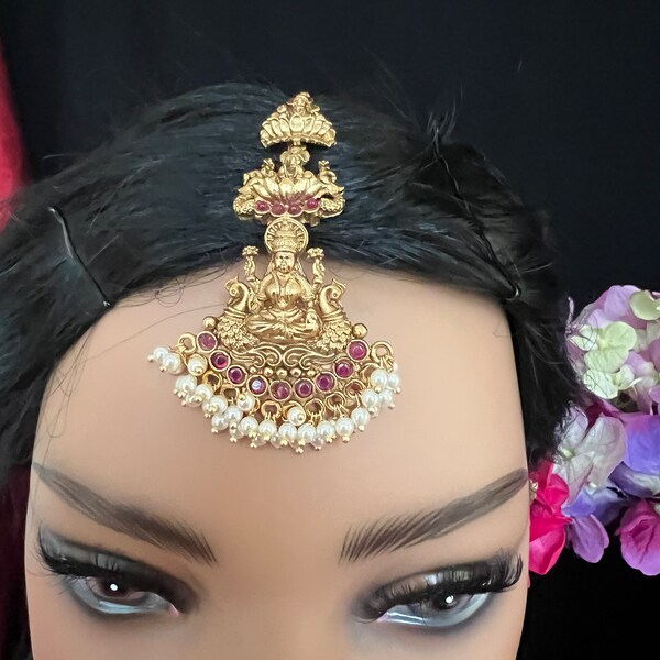 Maang Tikka Ruby Kemp Matti Antique Gold finish/Mangtikka/ Small Goddess Lakshxm/ South Indian jewelry/4.5 inch Long /Indian Jewelry