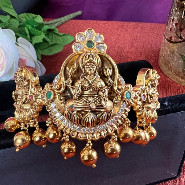 Kemp Lotus on Goddess Lakshmi  Aravanki ONE / Antique Gold Finish/ Size 12 Inches around  / Adult  Armlet / Adjustable / Indian Jewelry