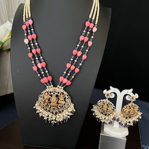 Lavender Tulip Beads Goddess Lakshmi Saraswati Ganesh Long 34 Inches Long Haram/Premium Quality Haram/Antique Gold Finish/Indian Jewelry