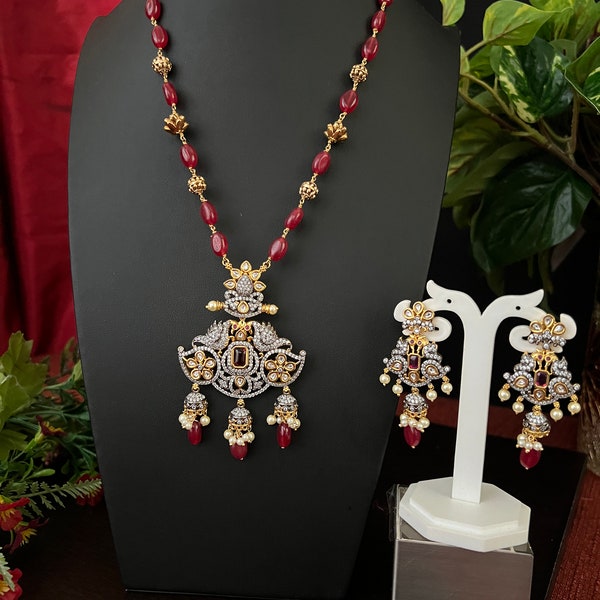 Victorian Kundan Tow-Tone Peacock Pendant Black Finish/Hand Made Mala Necklace Set/Ruby Maroon with pearls Drop/Light weight/Indian Jewelry