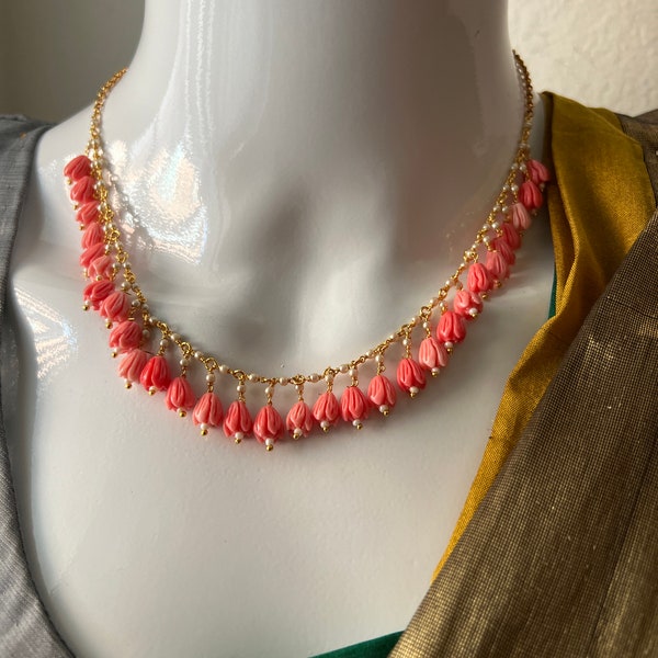 Tulip Coral Mala Gold Finish/ Light Weight Pink Coral and Gold Beads/Delicate Neckless/one Haram only/21 Inches Long/South Indian Jewelry