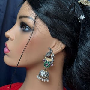 Peacock Earrings: Antique Brass & German Silver, Green Ruby Stone