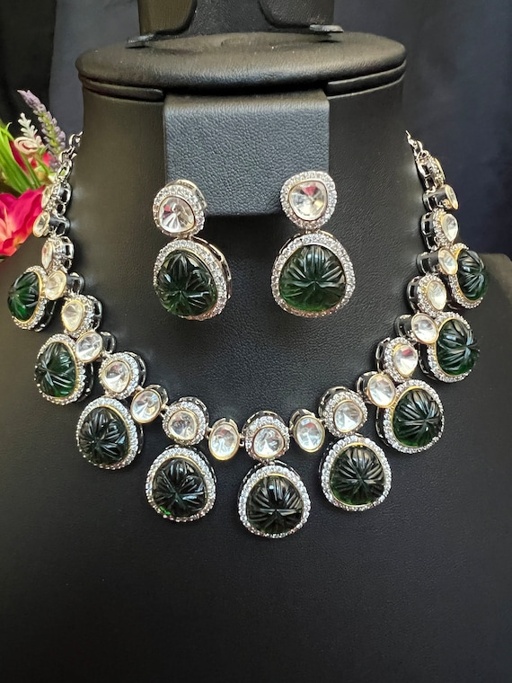 Kundan Necklace Set: AD Diamond, Green Carved Stone, South Indian Jewelry
