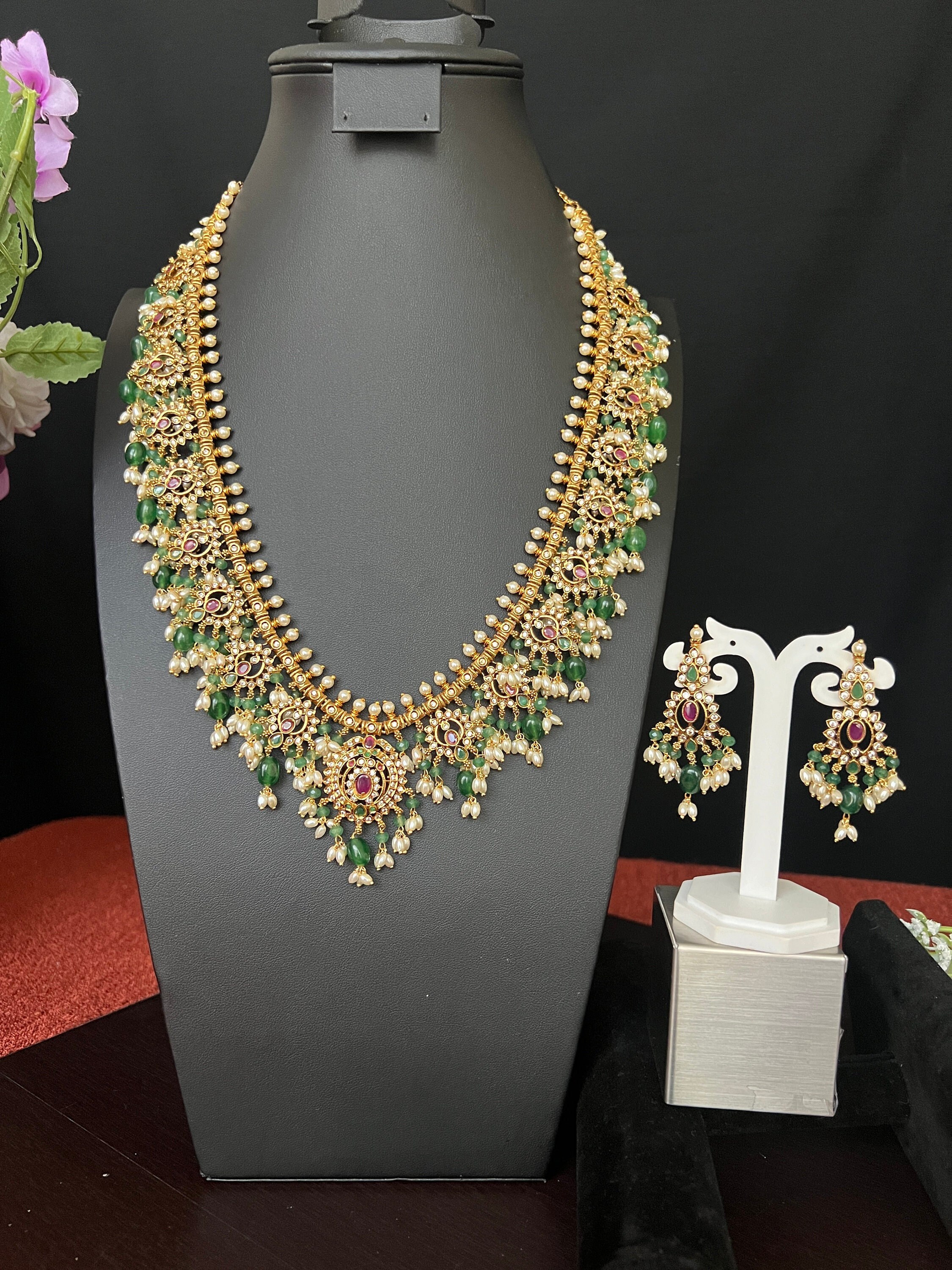 Guttapusalu Long Haram 28.inches long Ruby CZ Emerald Stones Matching Earrings/Matte Finish /Pearl Green Beads Drop/ Indian Jewelry