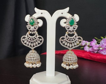 Dimond Emerald Jhumka Earrings/Premium Quality/Green Emerald AD Stones / Gold Finish /Bollywood Jewelry/South Indian Jewelry