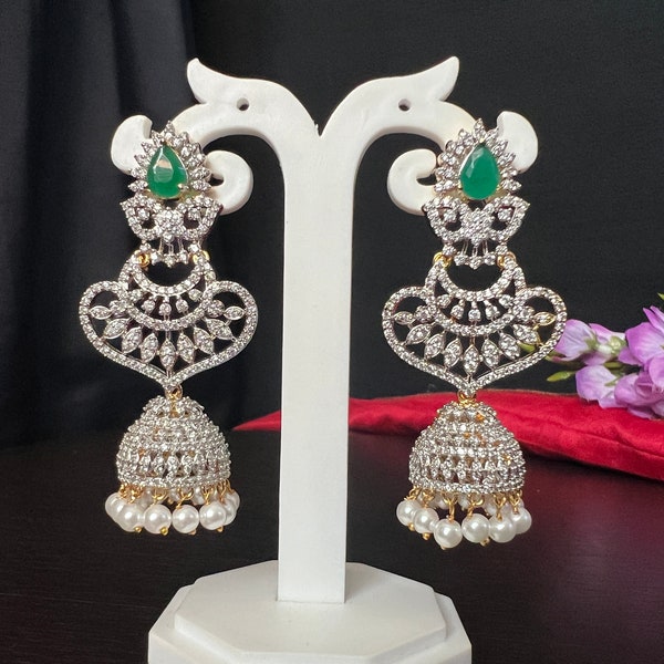 Dimond Emerald Jhumka Earrings/Premium Quality/Green Emerald AD Stones / Gold Finish /Bollywood Jewelry/South Indian Jewelry