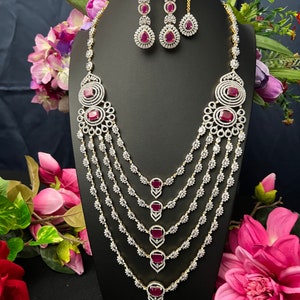 American Dimond Rudy Stone 5 Lada Dimond Finish Bridal Haram 5 Line Layer Long Haram Matching Earring Set and Tikka /South Indian Jewelry. image 2