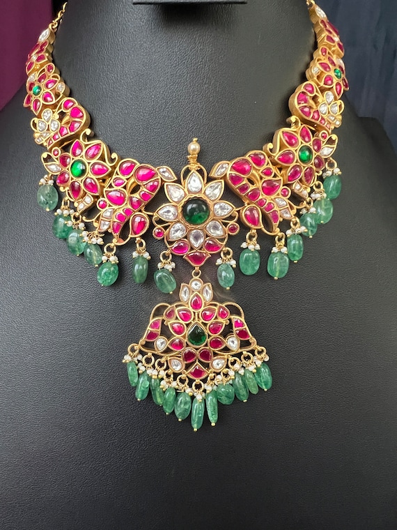 Jadau Kundan Real Kemp Necklace Gold Finish Ruby Emerald Stone Emerald Beads Drop Trendy Sabyasachi inspired Statement Necklace Etsy