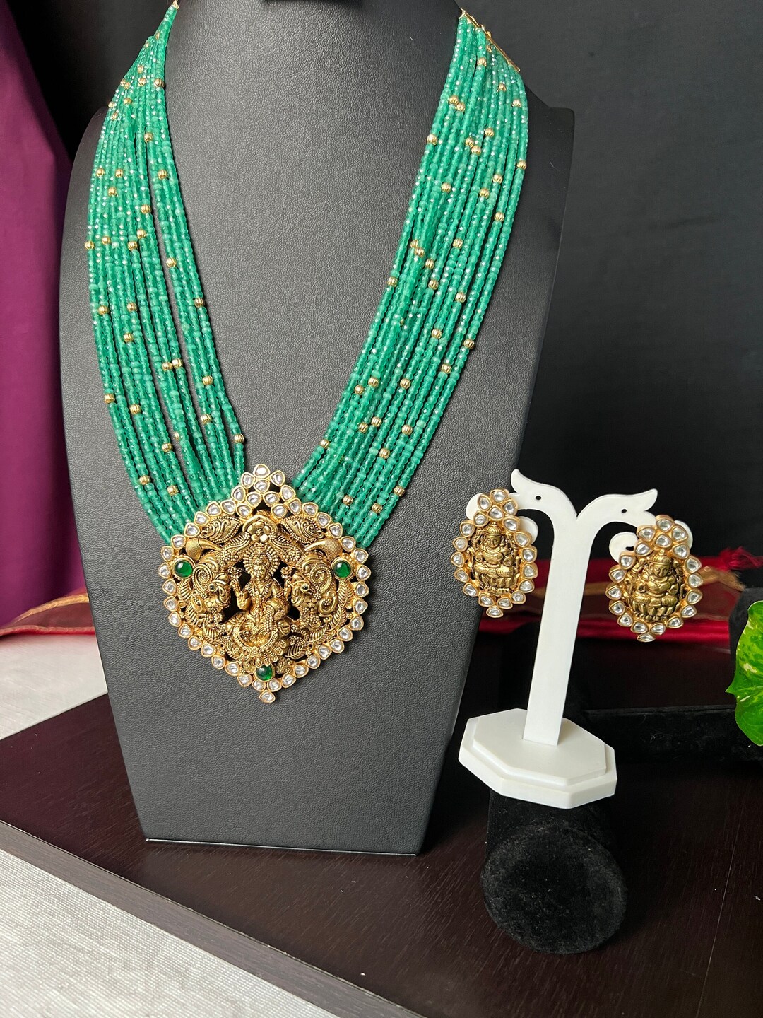Triple Layer Green Beads Lakshmi Pendant Long Haaram - Antique set