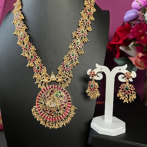 Jadau Ruby Pink Haram: Antique Gold Indian Necklace & Earrings