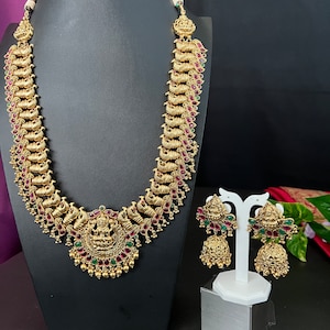 Lakshmi Peacock Nakshi Haram Set: Antique Gold Temple Jewelry