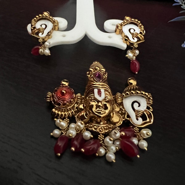 Balajji Pendent Set with earrings/ Enamel paint / Matti Antique Gold Finish Light/ Maroon Beads Pearls/ 3 pice set/ Indian Jewelry