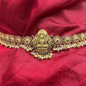 Jadau Kemp Saree Belt Hip Chin Ruby Pink/Adult Hip Chain/Antique Gold Finish Vanddanmu 31 to 35 inches to go /Pearls Drop/Indian Jewelry.