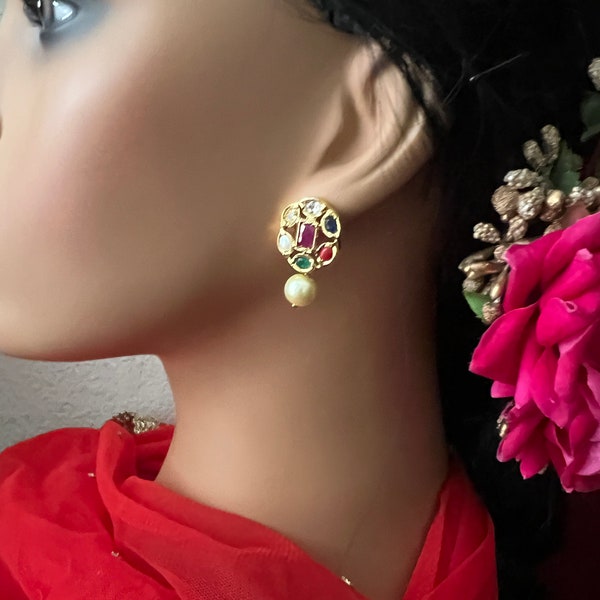Small cute stud Earrings /CZ Multi Stone Pearl Drop Earrings/ Thin Light weight Gold finish/ Daily where /Gift Earrings /Indian Jewelry