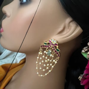 Kundan Peacock Earrings: Ruby, Emerald, Pearl Drop - South Indian Jewelry