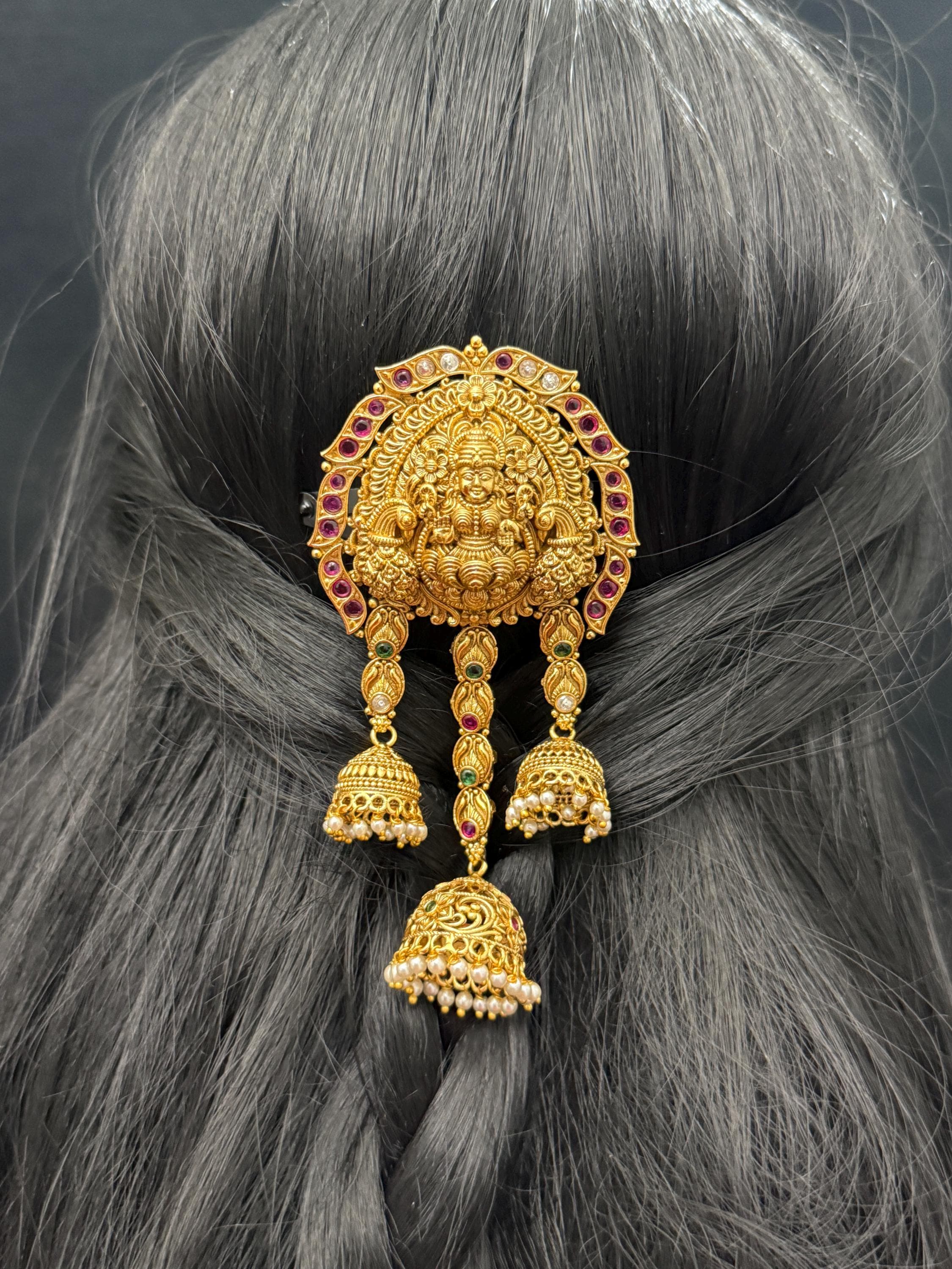 Goddess Lakshmi Hair Clip: Indian Jada Billa with Jhumka - Matte Gold