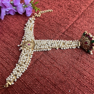 Pearl Haathphool: Antique Gold Finger Ring Bracelet with Ruby & Emerald