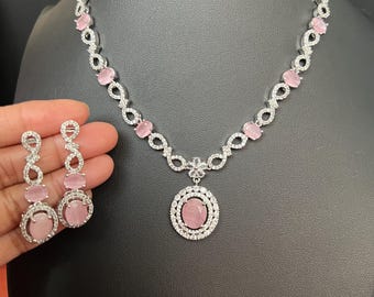 Pink Stone Necklace Earring Set: AD Silver Finish Indian Jewelry