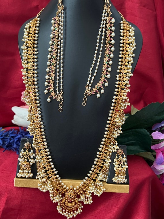 Guttapusalu Long Haram Antique Gold Finished / South Indian Haram / Temple Haram Machining Earrings, and Ear Chains