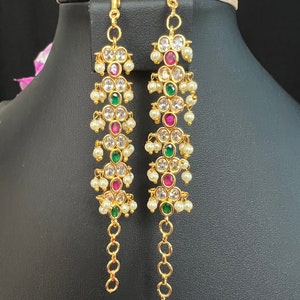 Ear Chains/Champaswaralu / Ear Chain Small Light Weight Mattilu /Antique Gold Finish/ Red And Green Kemp Stones Pearl Drops/  Indian Jewelry