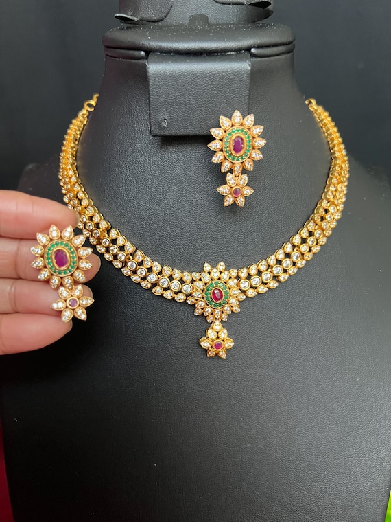 CZ Necklace with Earrings: Kemp Ruby/Emerald Matte Gold Finish Indian Jewelry