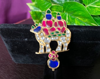 Siva Parivar Pendent/Jadau Kundan Ruby Pink Royal Blue Stones Gold Finish/2.9 Inches Long/wide 1.7/Handmade Pendant/South Indian Jewelry