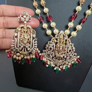 Handmade Lord Balaji Pendant Haram: Gold Finish AD Stone South Indian Jewelry