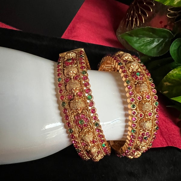 Kemp Kada Bangles Antique Gold Finish ( Set off 2 Openable  Kada / Indian Jewelry /South Indian Jewelry