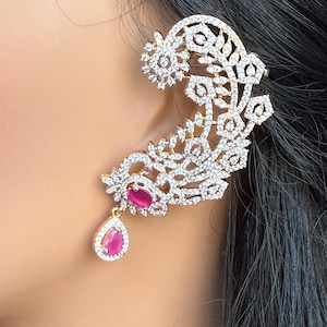Dimond Ear Cuff Attached  Ruby pendant  Drop /Two Tone  GJ GoldFinish:/Check the Size back