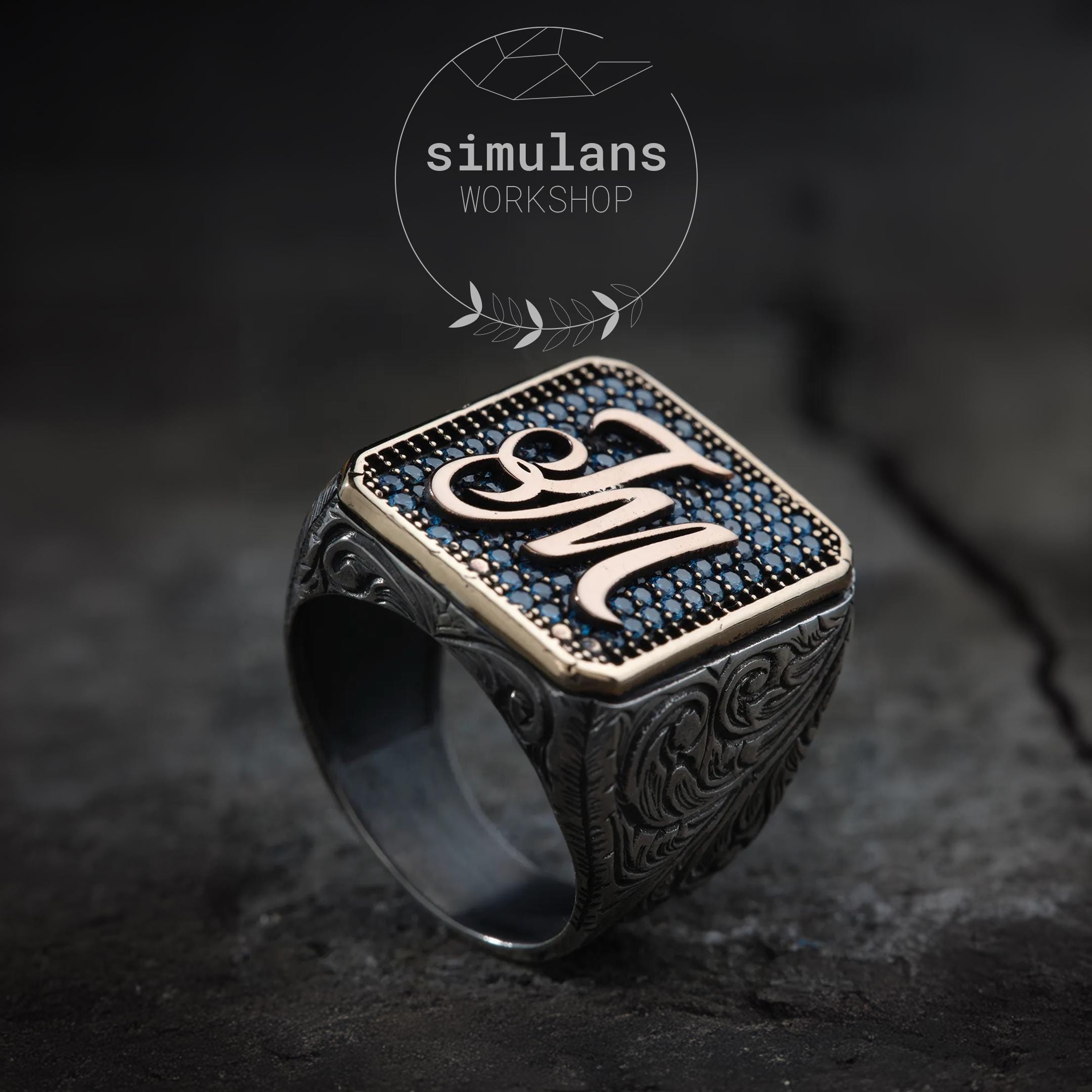 Customizable Men's Sterling Silver Square Ring With Blue