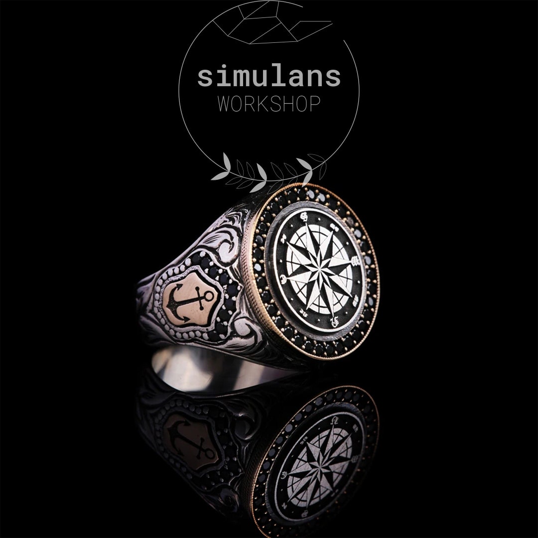 Silver Compass Inlay Vintage Compass Signet Ring With Onyx Inlay Nautical Jewelry, Men's ...