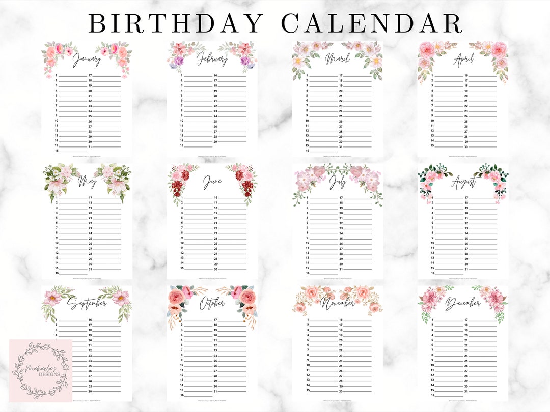 Printable Birthday Calendar | Annual Events | Pink Floral Calendar ...