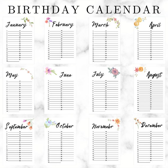 Printable Birthday Calendar Annual Events Floral Digital - Etsy