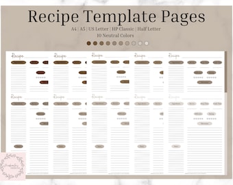 Recipe Page Printable | Recipe Template | Printable Recipe Card Page | Neutral Minimalist Recipe | Sheet for Meal Planner | Printable PDF