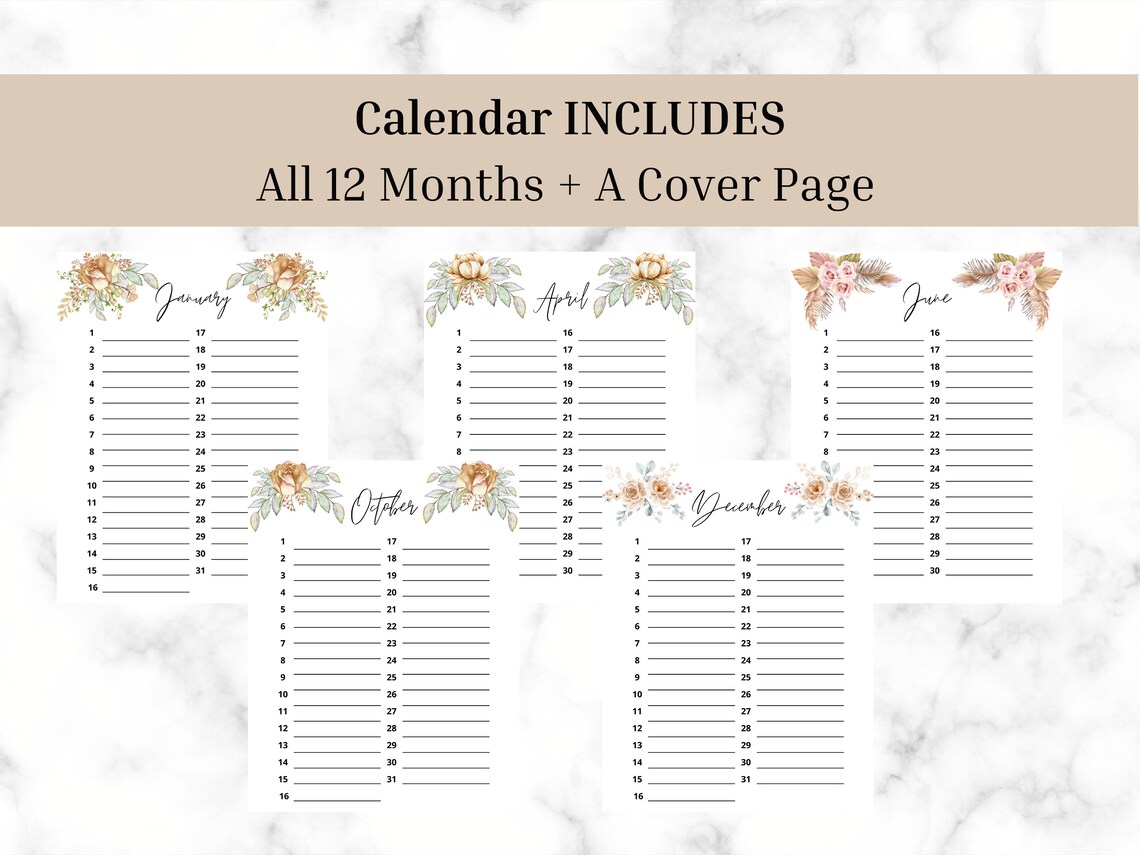 Printable Birthday Calendar Annual Events Beige Floral Calendar ...