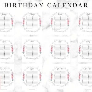 Printable Birthday Calendar | Annual Calendar | Pink Floral Calendar | Perpetual Calendar | Birthday List | Gratitude Journal | Mood Tracker