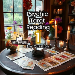 Pode incluir: Uma cena de leitura de tarot com uma bola de cristal, velas acesas e cartas de tarot numa mesa de madeira escura. O texto "Psychic Tarot Reading" e "Any Question" são exibidos. O texto "Most Popular" também é visível.